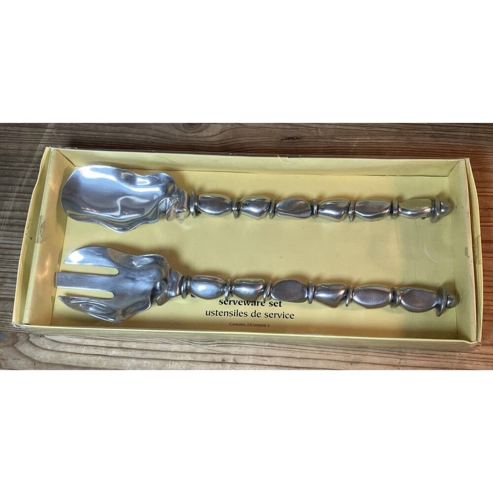 2pc Pier One Unique Silver Metal Salad Serveware Set Fork Spoon Artistic 14" NIB